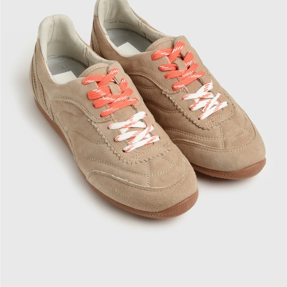 Dolce Vita Beige Suede Sneakers with Coral and White Laces
